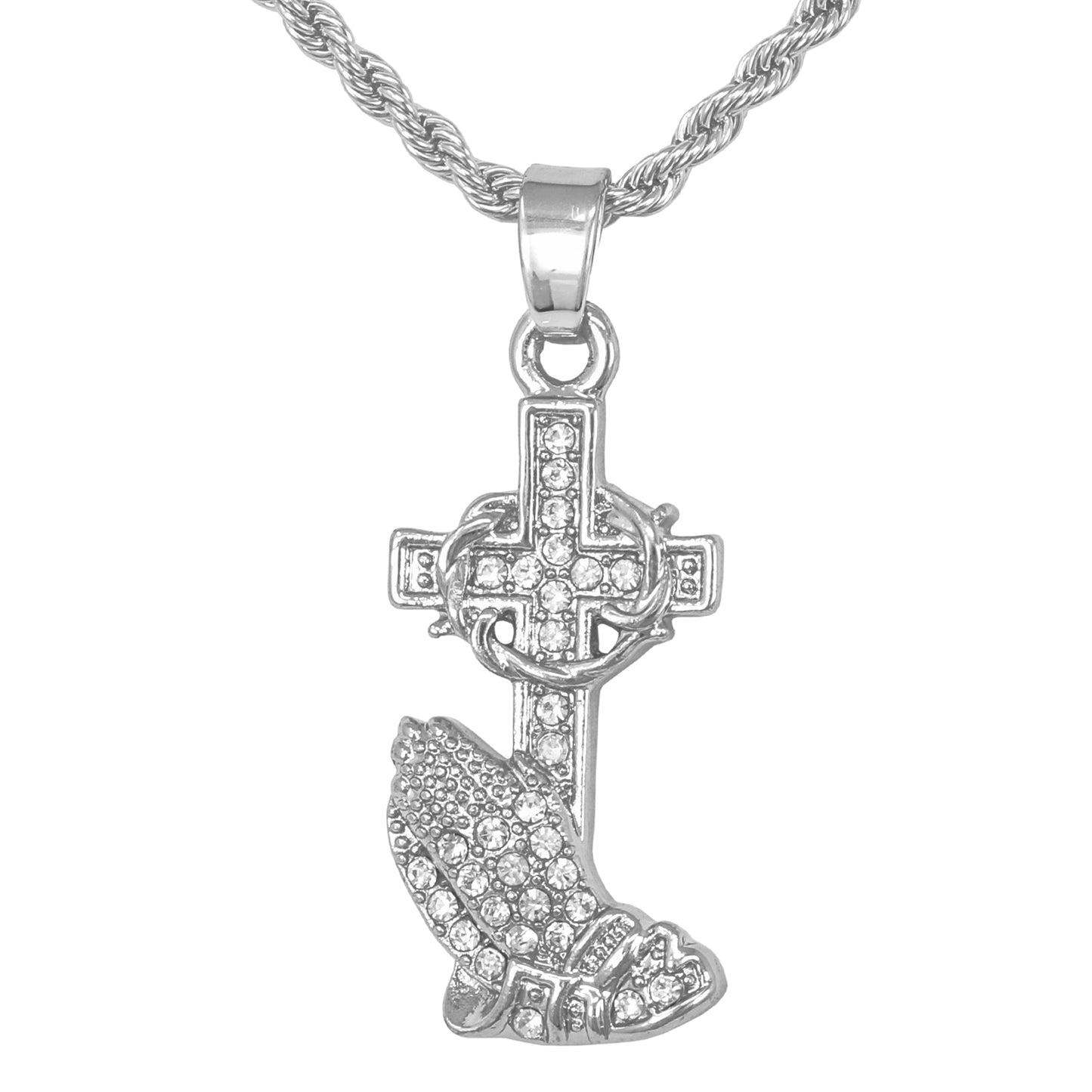Iced Mini Praying Hands Pendant with 3mm Rope Chain 24" - HC-288**