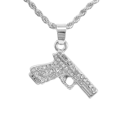 Iced Mini Gun Pendant with 3mm Rope Chain 24" - HC-292**