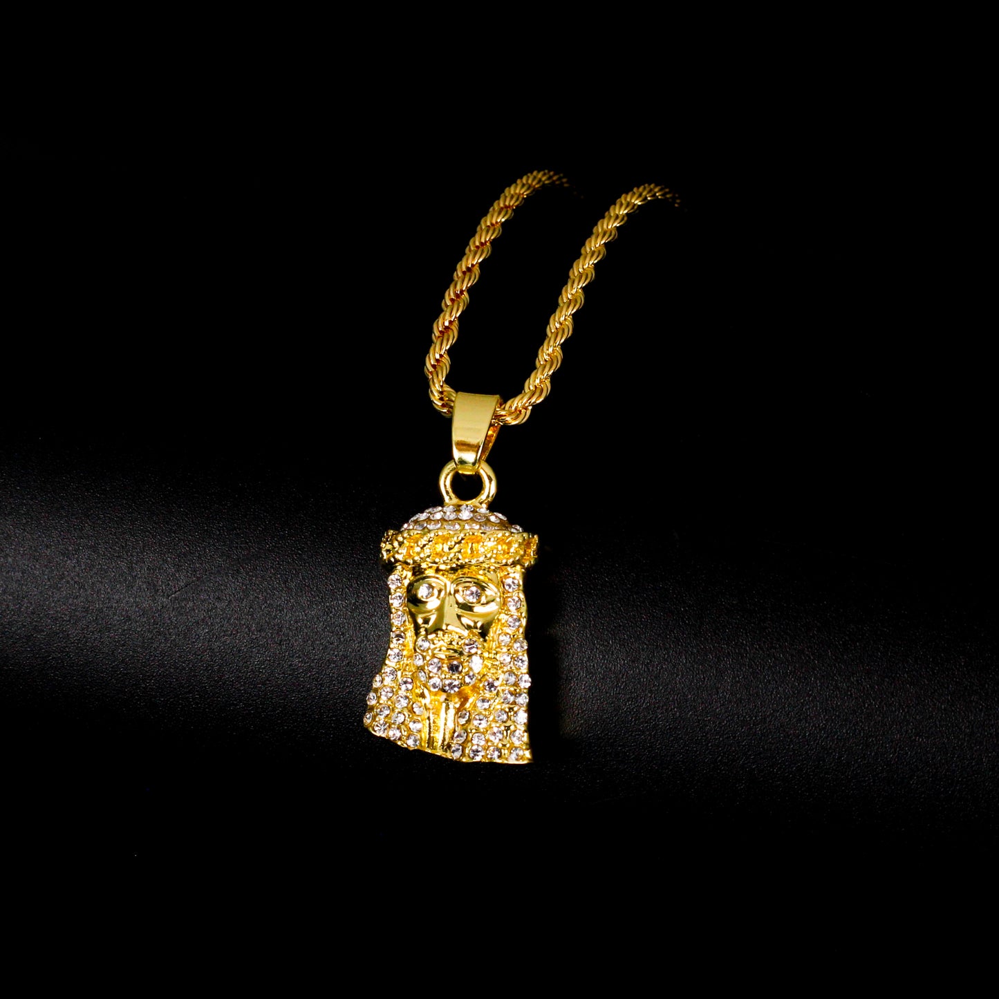 Iced Mini Jesus Pendant with 3mm Rope Chain 24" - HC-293