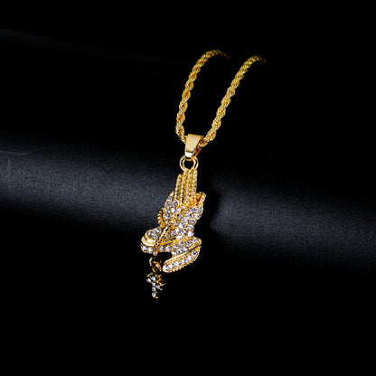 Iced Mini Praying Hands Pendant with 3mm Rope Chain 24" - HC-294