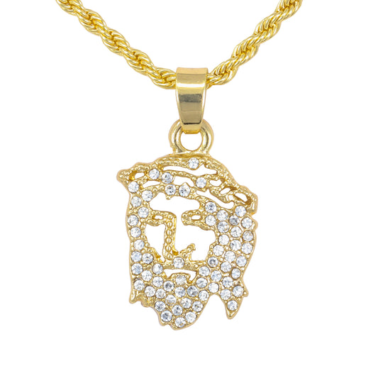 Iced Mini Jesus Pendant with 3mm Rope Chain 24" - HC-295**
