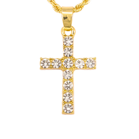 Iced Mini Cross Pendant with 3mm Rope Chain 24" - HC-320