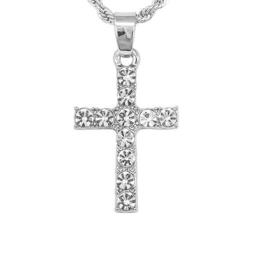 Iced Mini Cross Pendant with 3mm Rope Chain 24" - HC-320