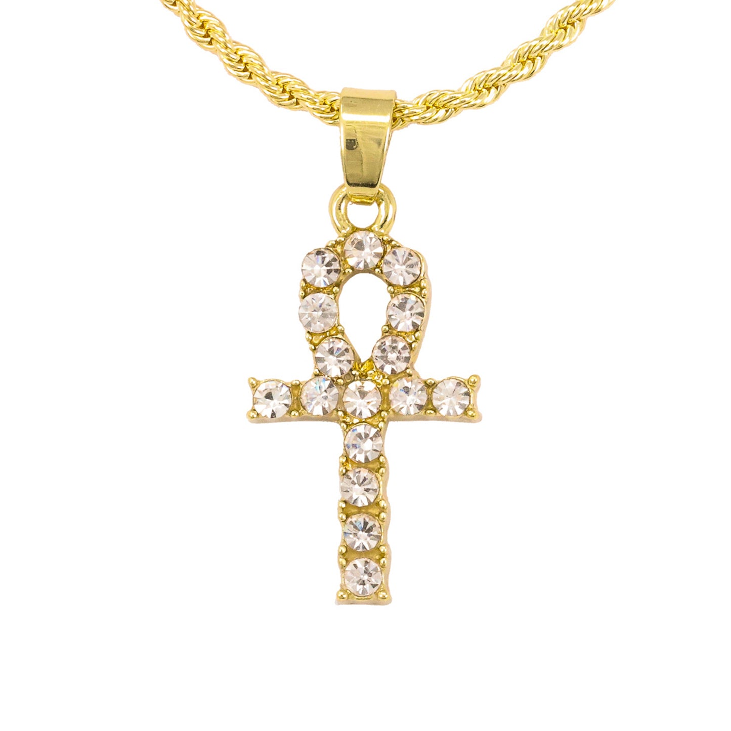 Iced Mini Ankh Pendant with 3mm Rope Chain 24" - HC-321