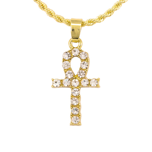 Iced Mini Ankh Pendant with 3mm Rope Chain 24" - HC-321