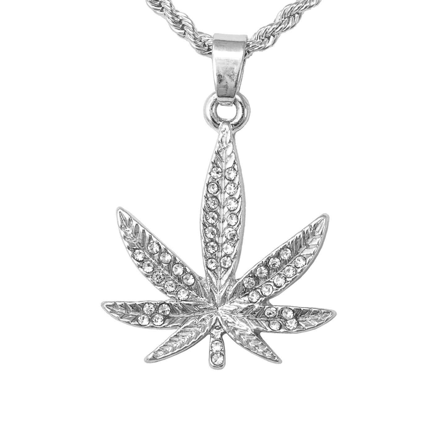 Iced Mini Leaf Pendant with 3mm Rope Chain 24" - HC-323