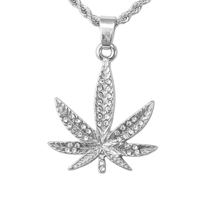Iced Mini Leaf Pendant with 3mm Rope Chain 24" - HC-323