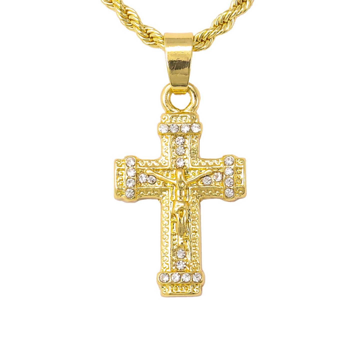 Iced Mini Crucifix Pendant with 3mm Rope Chain 24" - HC-335**