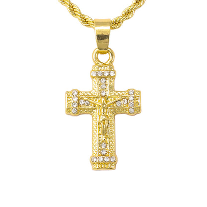 Iced Mini Crucifix Pendant with 3mm Rope Chain 24" - HC-335**