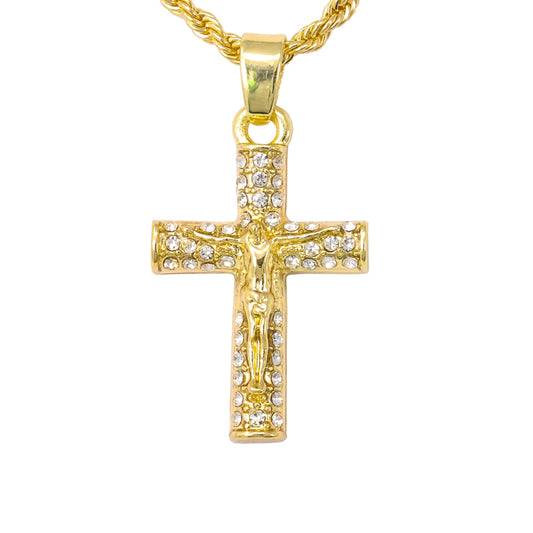 Iced Mini Crucifix Pendant with 3mm Rope Chain 24" - HC-336
