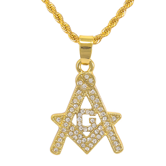 Iced Mini FreeMason Pendant with 3mm Rope Chain 24" - HC-340
