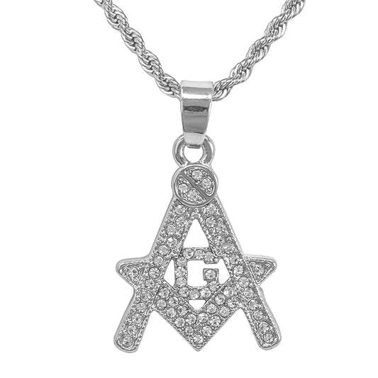 Iced Mini FreeMason Pendant with 3mm Rope Chain 24" - HC-340