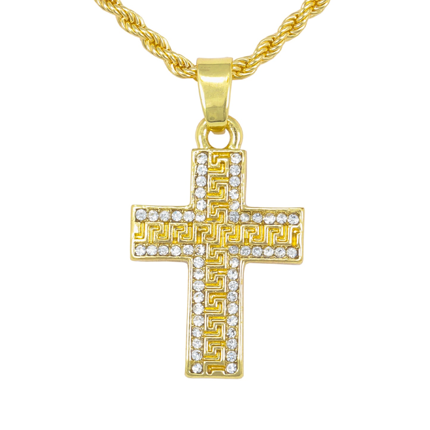 Iced Mini Cross Pendant with 3mm Rope Chain 24" - HC-344