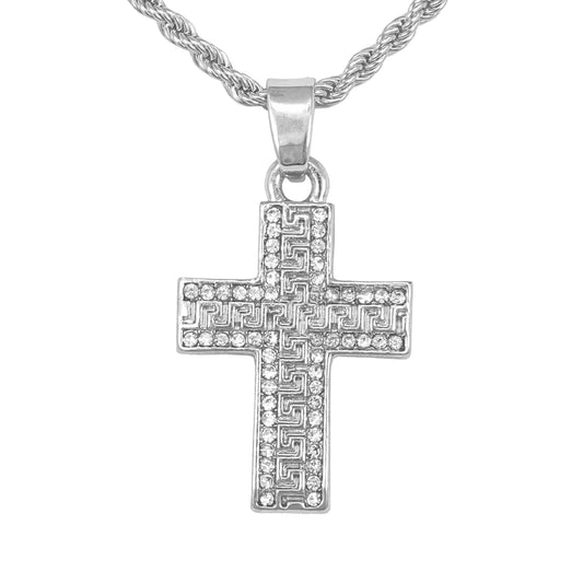 Iced Mini Cross Pendant with 3mm Rope Chain 24" - HC-344
