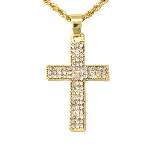 Iced Mini Cross Pendant with 3mm Rope Chain 24" - HC-355