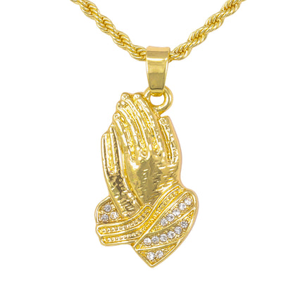 Iced Mini Praying Hands Pendant with 3mm Rope Chain 24" - HC-358**