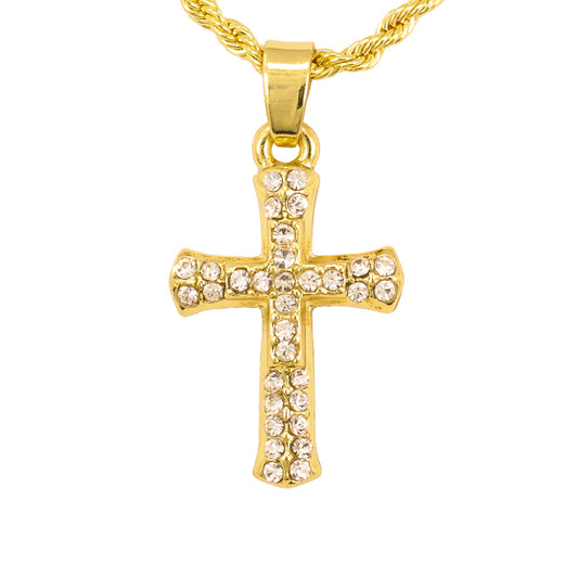 Iced Mini Cross Pendant with 3mm Rope Chain 24" - HC-368