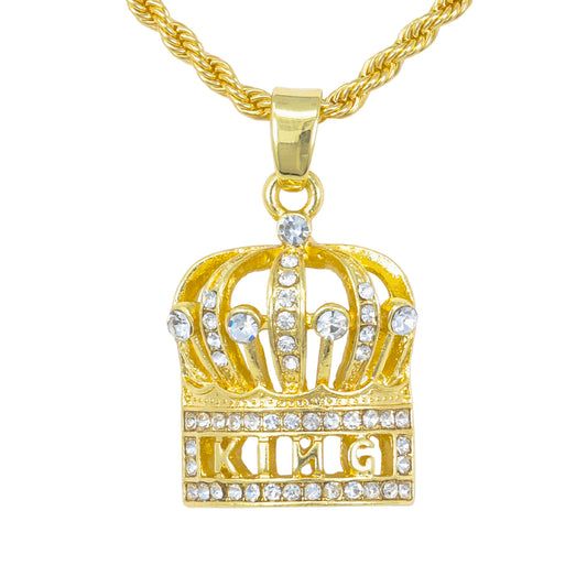 Iced Mini Crown Pendant with 3mm Rope Chain 24" - HC-371