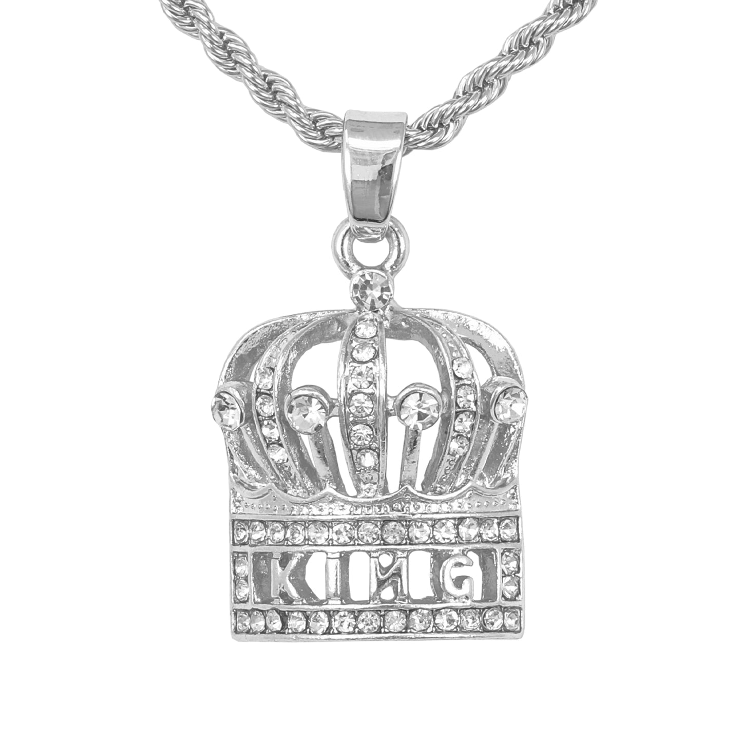 Iced Mini Crown Pendant with 3mm Rope Chain 24" - HC-371