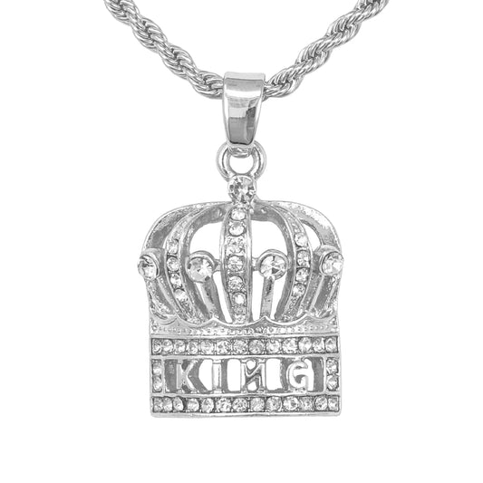 Iced Mini Crown Pendant with 3mm Rope Chain 24" - HC-371