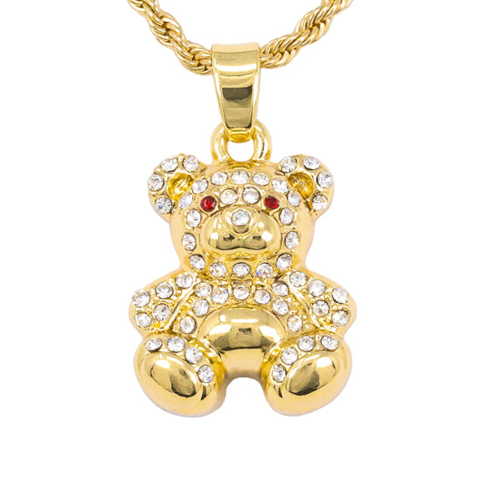 Iced Mini Teddy Bear Pendant with 3mm Rope Chain 24" - HC-375