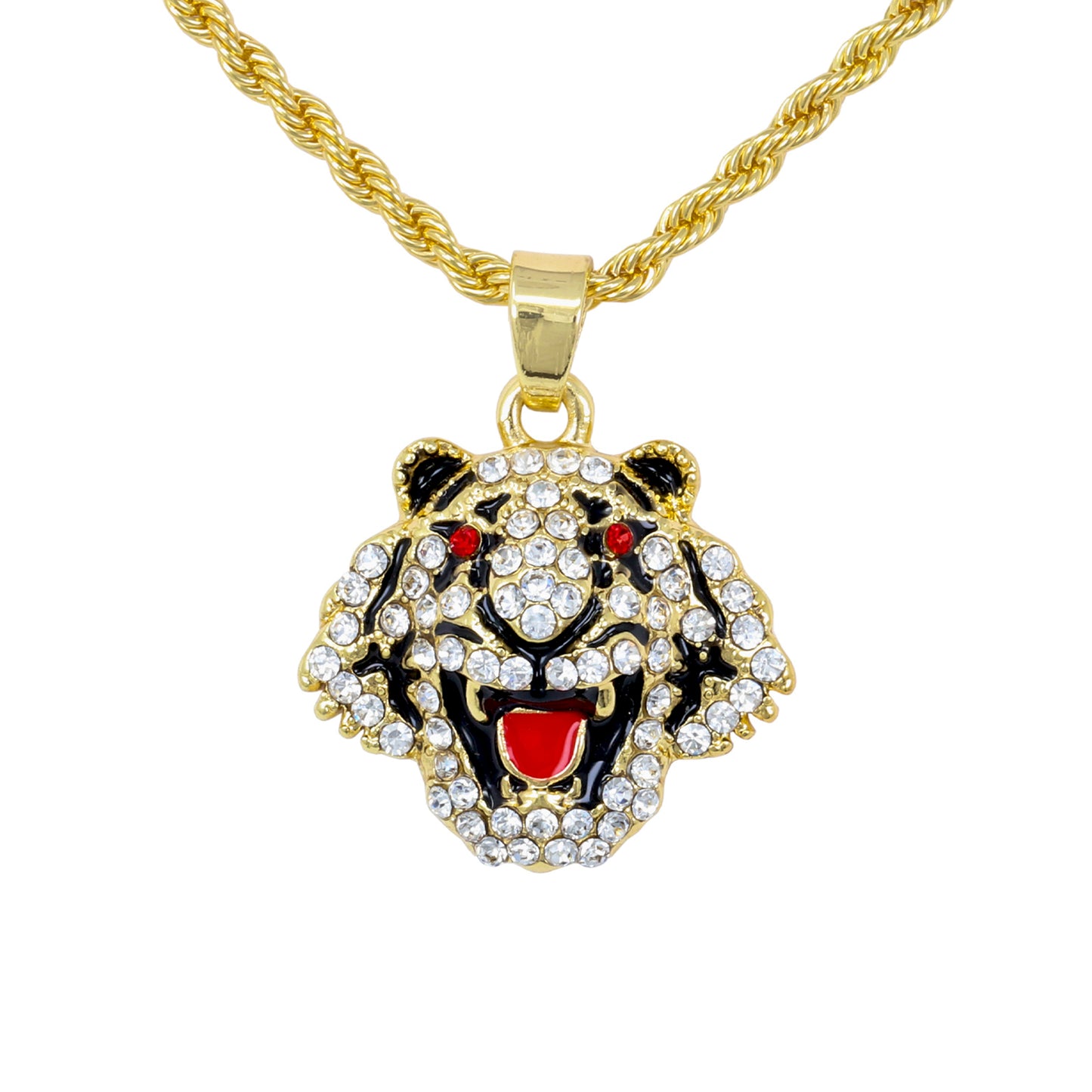 Iced Mini Tiger Pendant with 3mm Rope Chain 24" - HC-380
