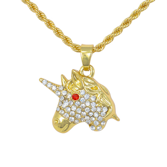 Iced Mini Unicorn Pendant with 3mm Rope Chain 24" - HC-385**