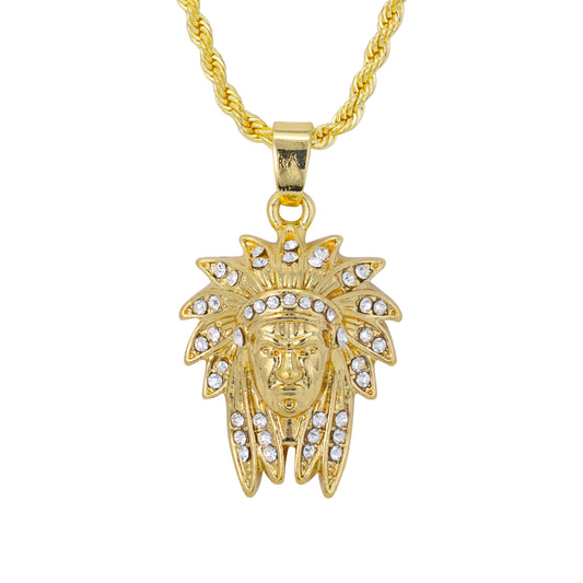 Iced Mini Chief Pendant with 3mm Rope Chain 24" - HC-387