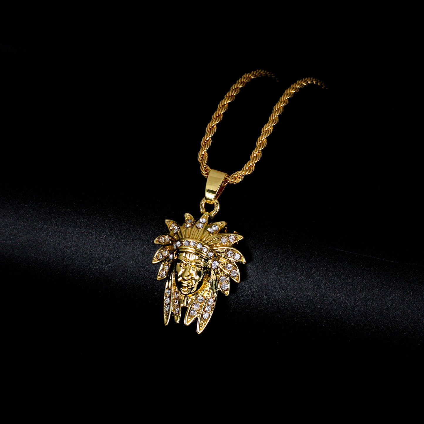 Iced Mini Chief Pendant with 3mm Rope Chain 24" - HC-387