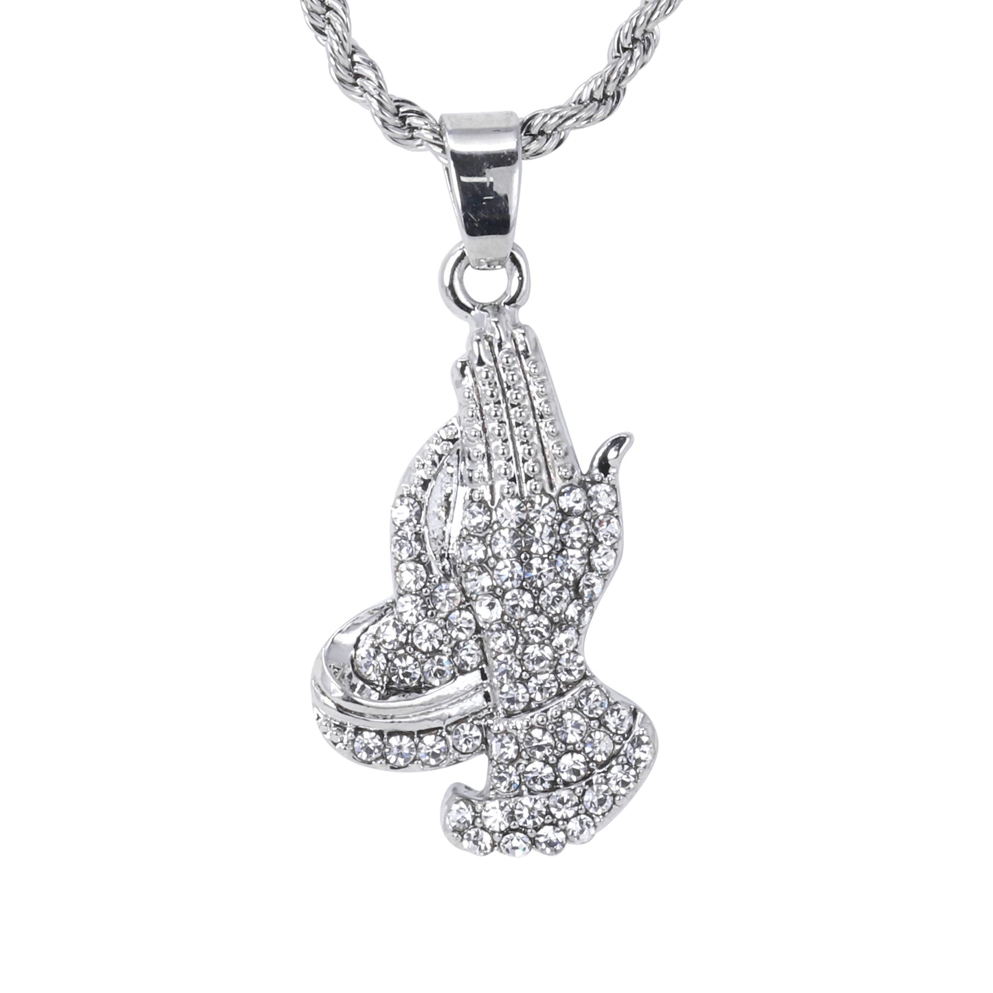Iced Mini Praying Hands Pendant with 3mm Rope Chain 24" - HC-392