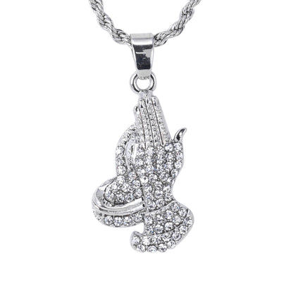 Iced Mini Praying Hands Pendant with 3mm Rope Chain 24" - HC-392