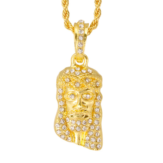 Iced Mini Jesus Pendant with 3mm Rope Chain 24" - HC-405