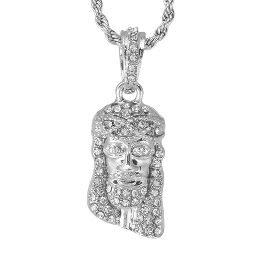 Iced Mini Jesus Pendant with 3mm Rope Chain 24" - HC-405