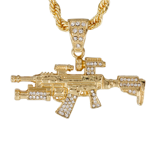 Iced Large Gun Pendant with 8mm Rope Chain 24" - HC-5102**