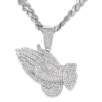 XL Iced Praying-Hands Pendant with 9mm Solid Cuban Chain 30" - HC-6004