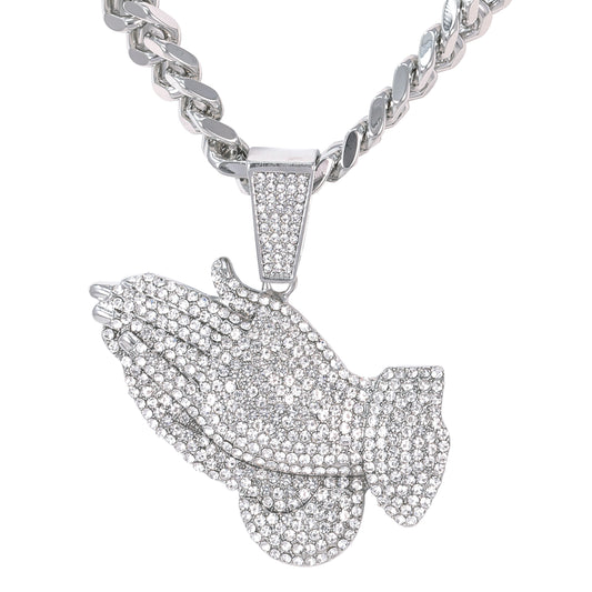 XL Iced Praying-Hands Pendant with 9mm Solid Cuban Chain 30" - HC-6004