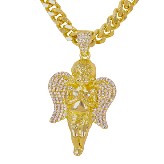 XL Iced Angel Pendant with 9mm Solid Cuban Chain 30" - HC-6005**