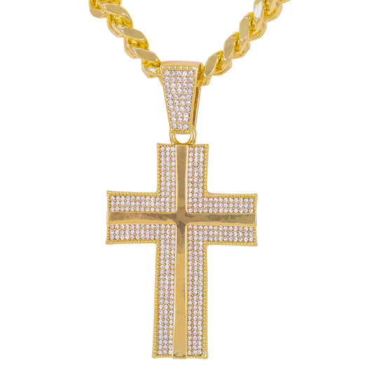 XL Iced Cross Pendant with 9mm Solid Cuban Chain 30" - HC-6012