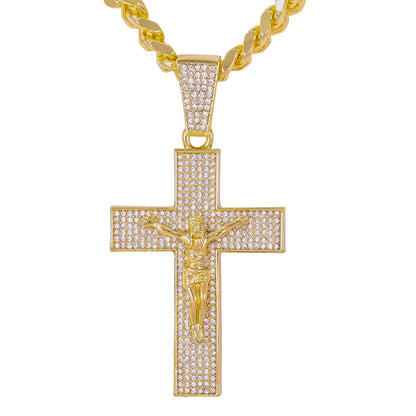 XL Iced Cross Pendant with 9mm Solid Cuban Chain 30" - HC-6013