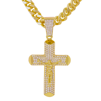 XL Iced Cross Pendant with 9mm Solid Cuban Chain 30" - HC-6028