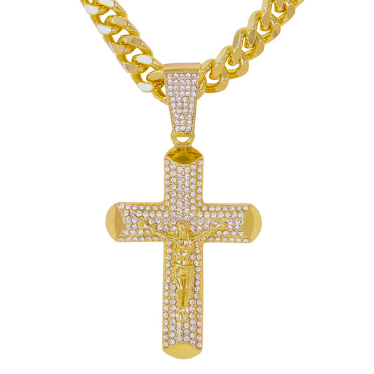 XL Iced Cross Pendant with 9mm Solid Cuban Chain 30" - HC-6028