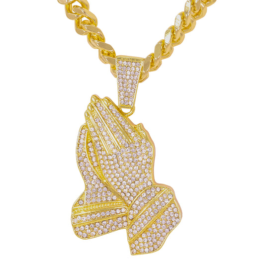 XL Iced Praying-Hands Pendant with 9mm Solid Cuban Chain 30" - HC-6031