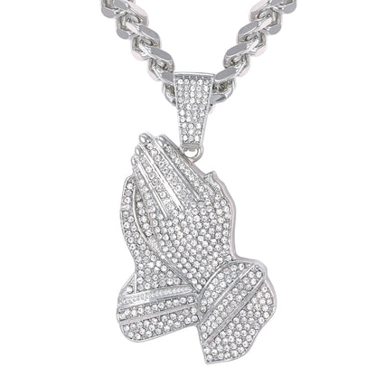 XL Iced Praying-Hands Pendant with 9mm Solid Cuban Chain 30" - HC-6031