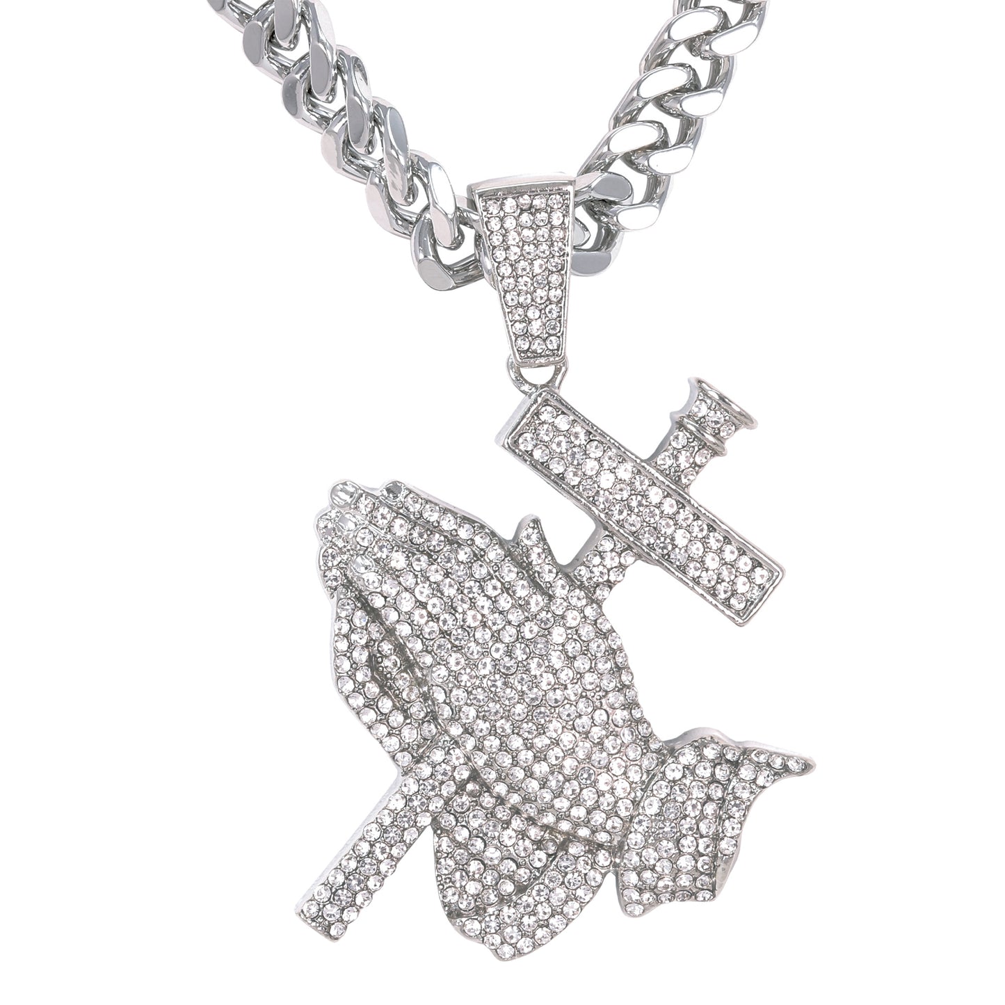 XL Iced Praying-Hands Pendant with 9mm Solid Cuban Chain 30" - HC-6043
