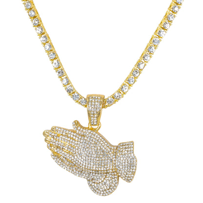 Iced Praying Hands Pendant with 3.5mm Tennis Chain 24" - HC-703