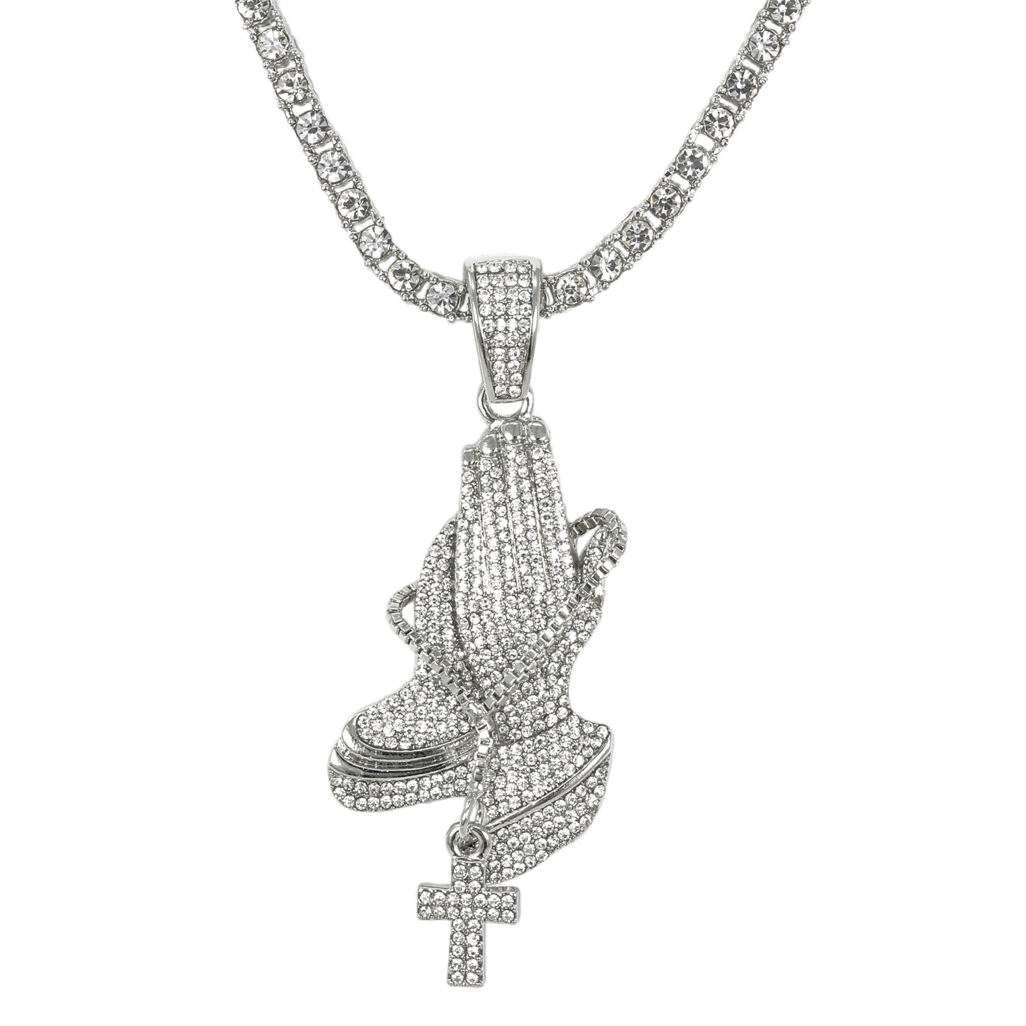 Iced Praying Hands Pendant with 3.5mm Tennis Chain 24" - HC-704