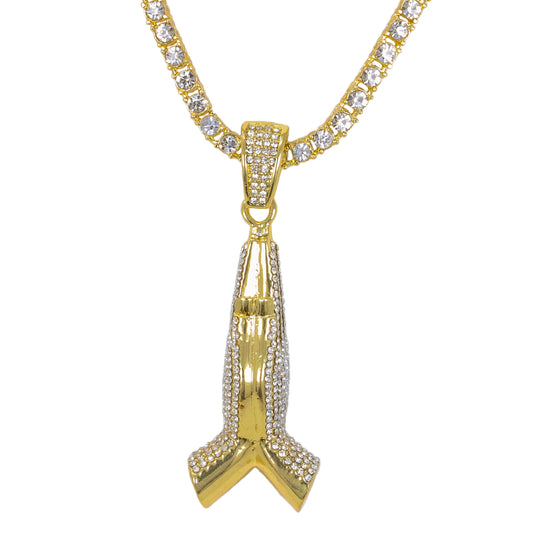 Iced Praying Hands Pendant with 3.5mm Tennis Chain 24" - HC-725**
