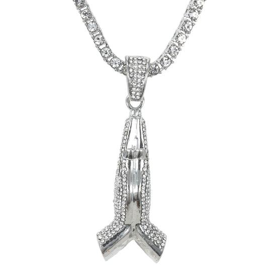 Iced Praying Hands Pendant with 3.5mm Tennis Chain 24" - HC-725**
