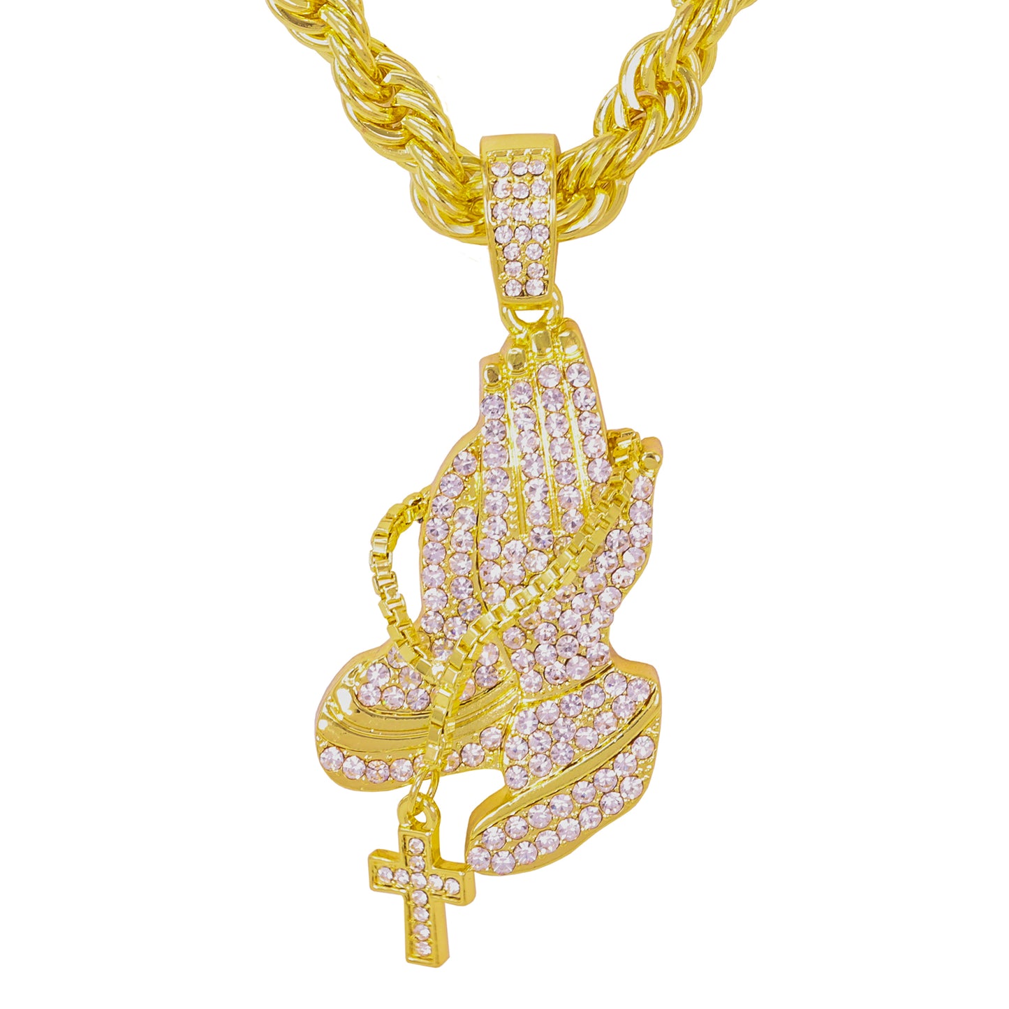 Iced Large Praying Hand Pendant with 8mm Rope Chain 24" - HC-8002