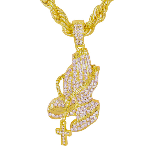 Iced Large Praying Hand Pendant with 8mm Rope Chain 24" - HC-8002